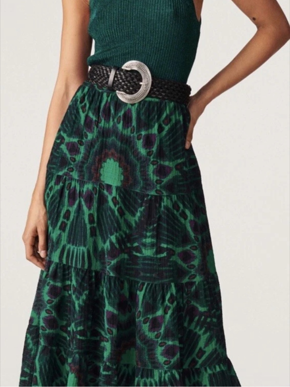 ba&sh Claren Green Patterned Tiered Maxi Skirt Small